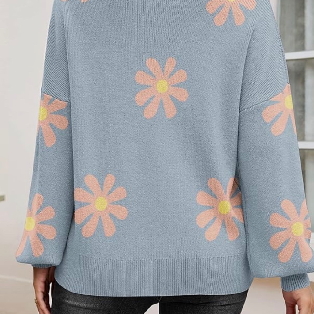 New Women’s Oversized Sweater Pullover Retro Lantern Knit Blue Pink Flower Xl — image 4 of 5